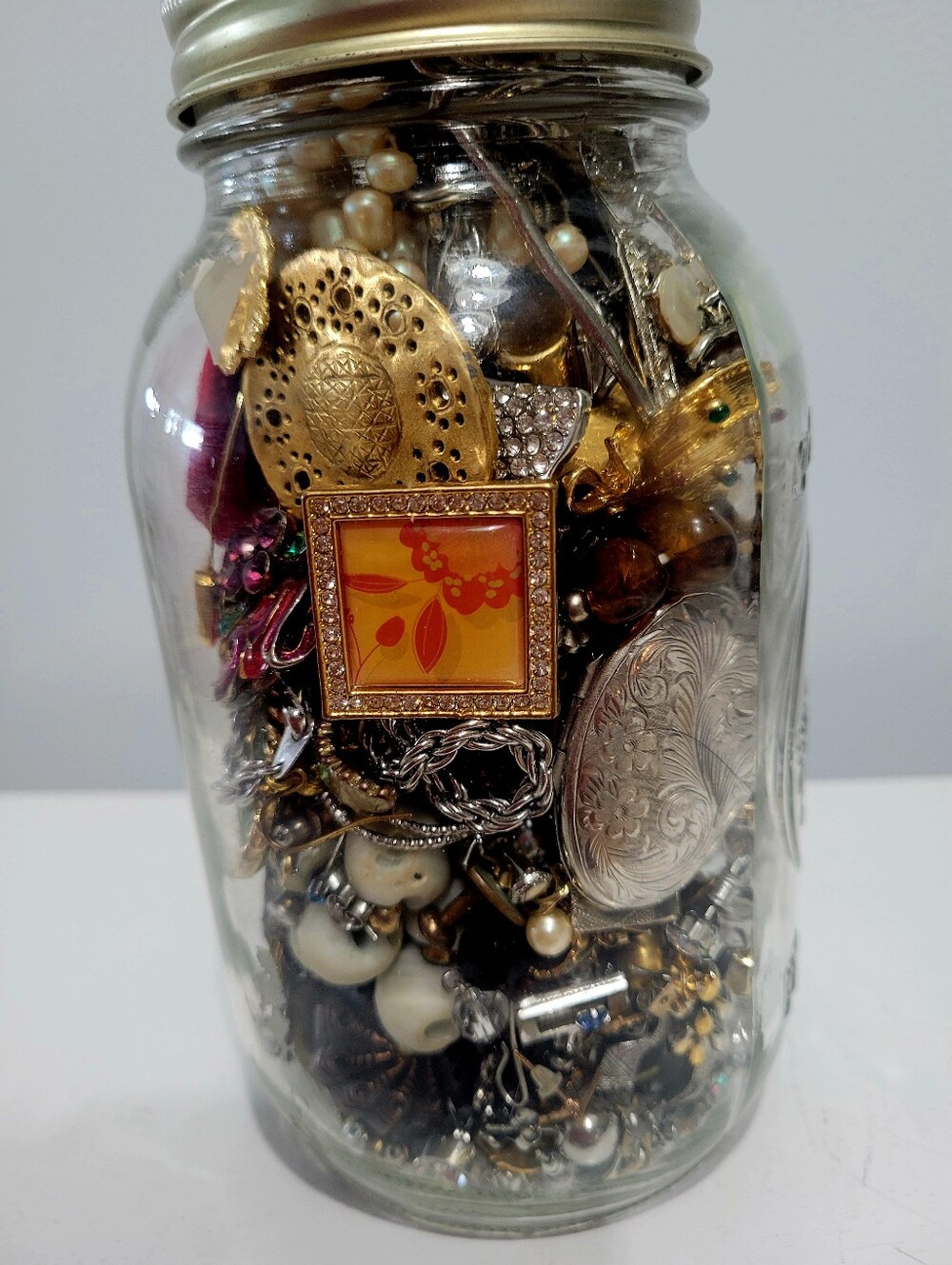 Large Jewelry Jar Mixed Vintage Costume Jewelry Brooches Necklaces